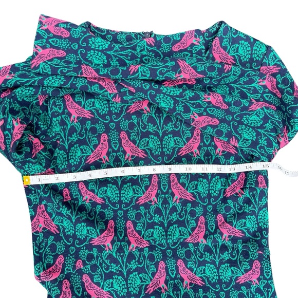 Boden Annie Jacquard A-Line Long Sleeve Teal and Pink Bird Print Dress Size 6R - Picture 11 of 16